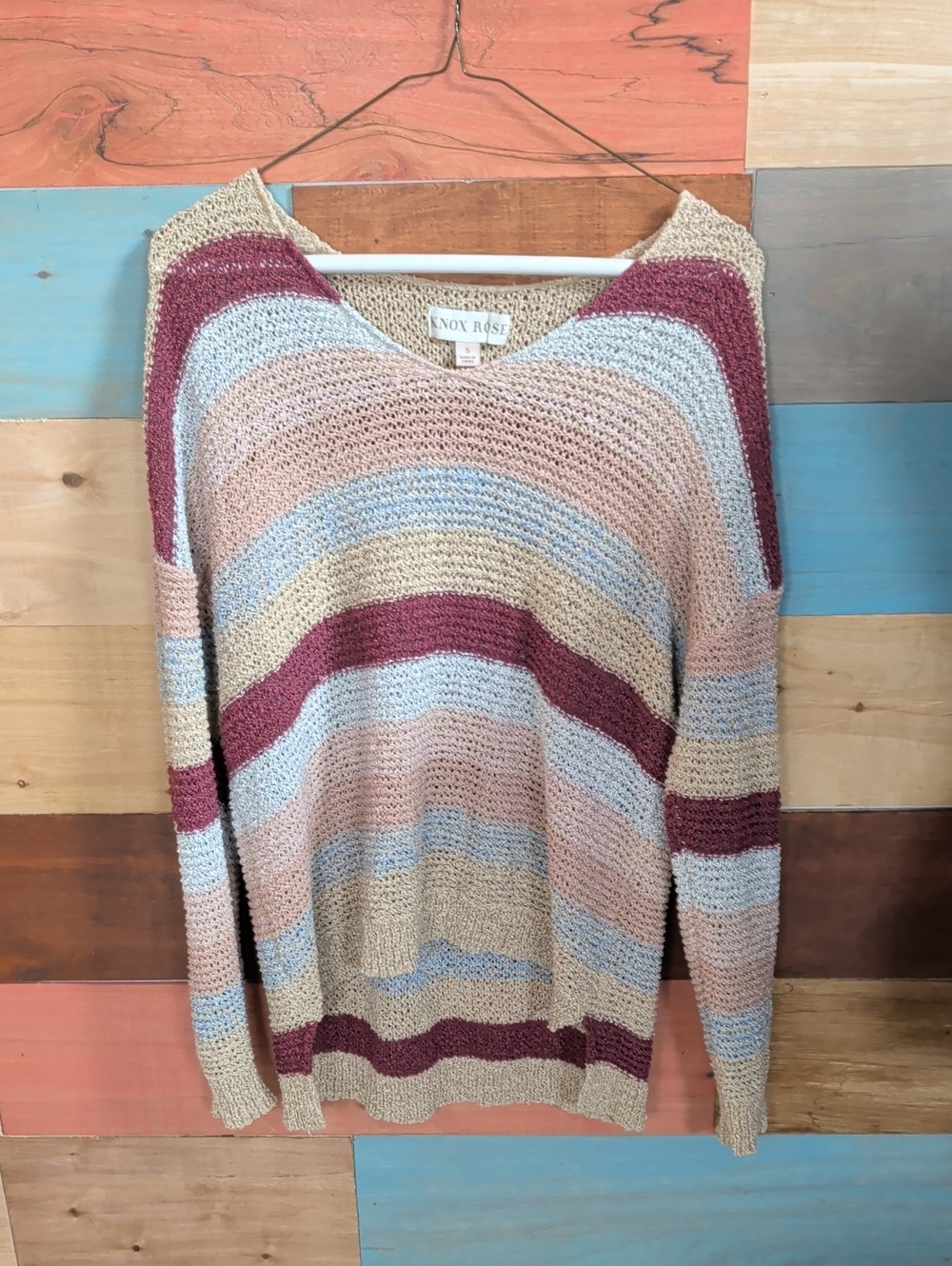 Knox Rose Striped V-Neck Sweater in Cream, Blush, Dusty Blue & Burgundy